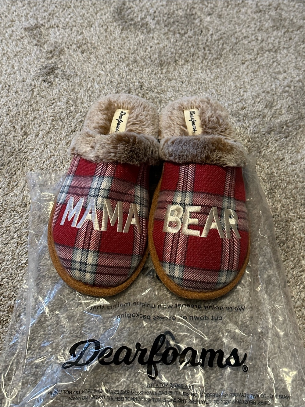 Dearfoams "Mama Bear" Red Plaid Slip-On Slippers